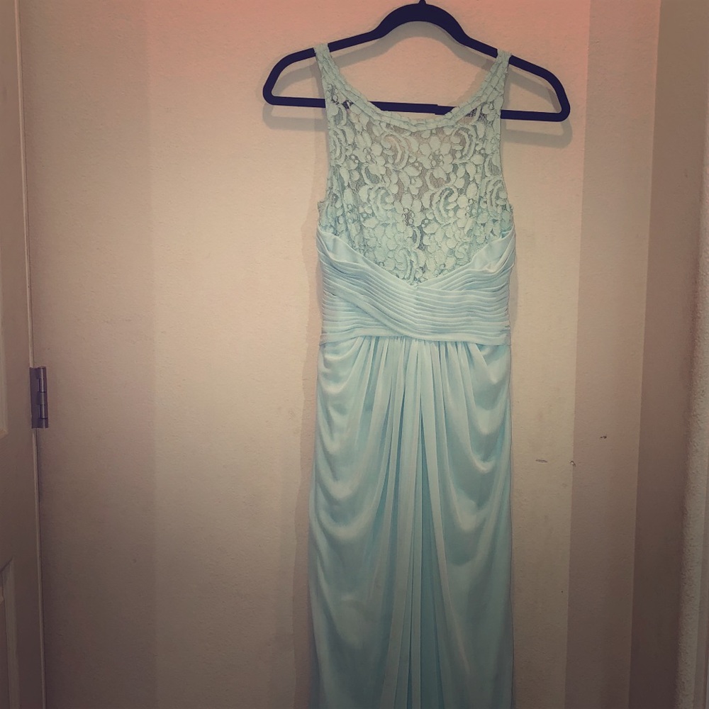 Mint David’s Bridal long bridesmaid dress